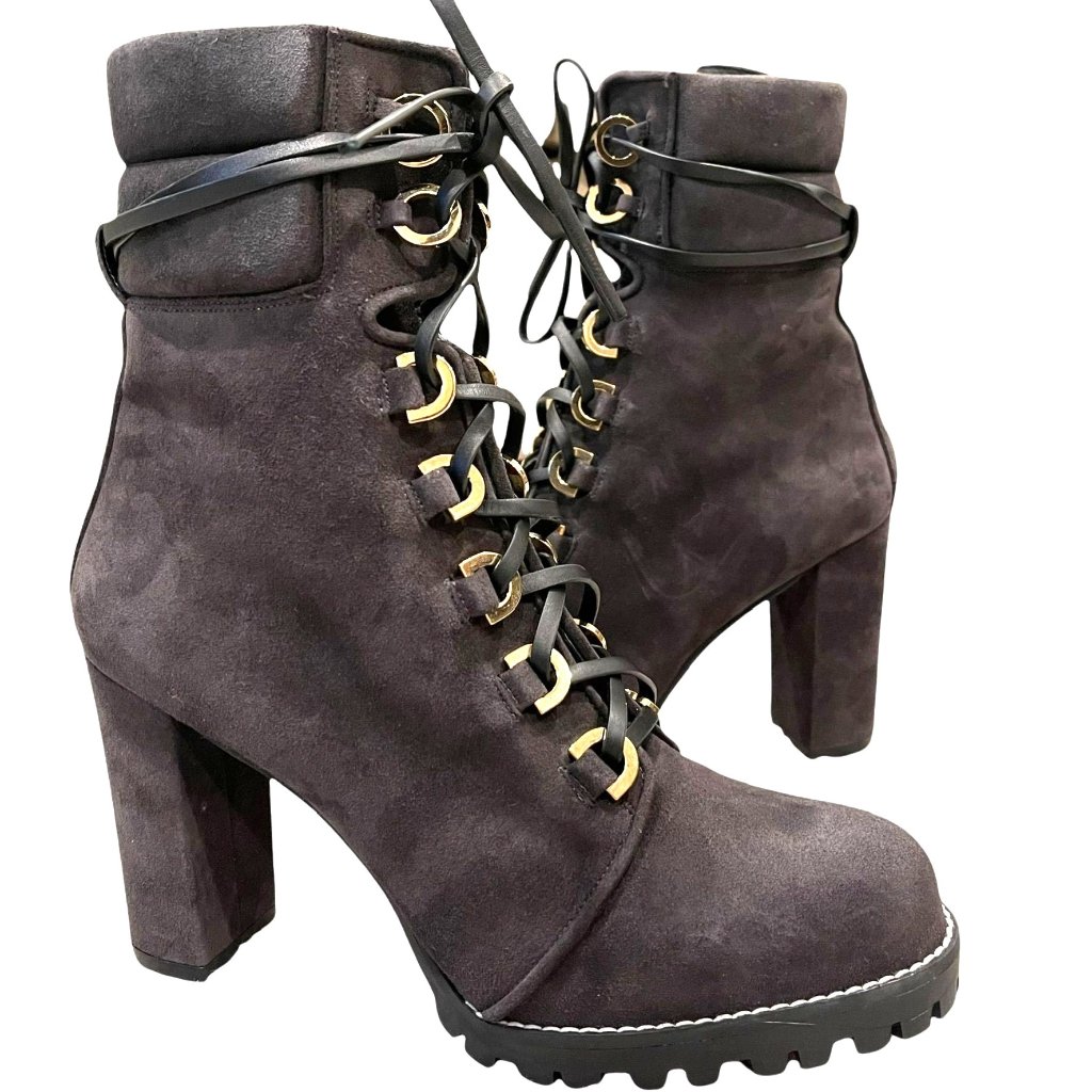 Stuart Weitzman Size 8.5m Gray Suede Shackleton Lace Up Heeled Combat Boots